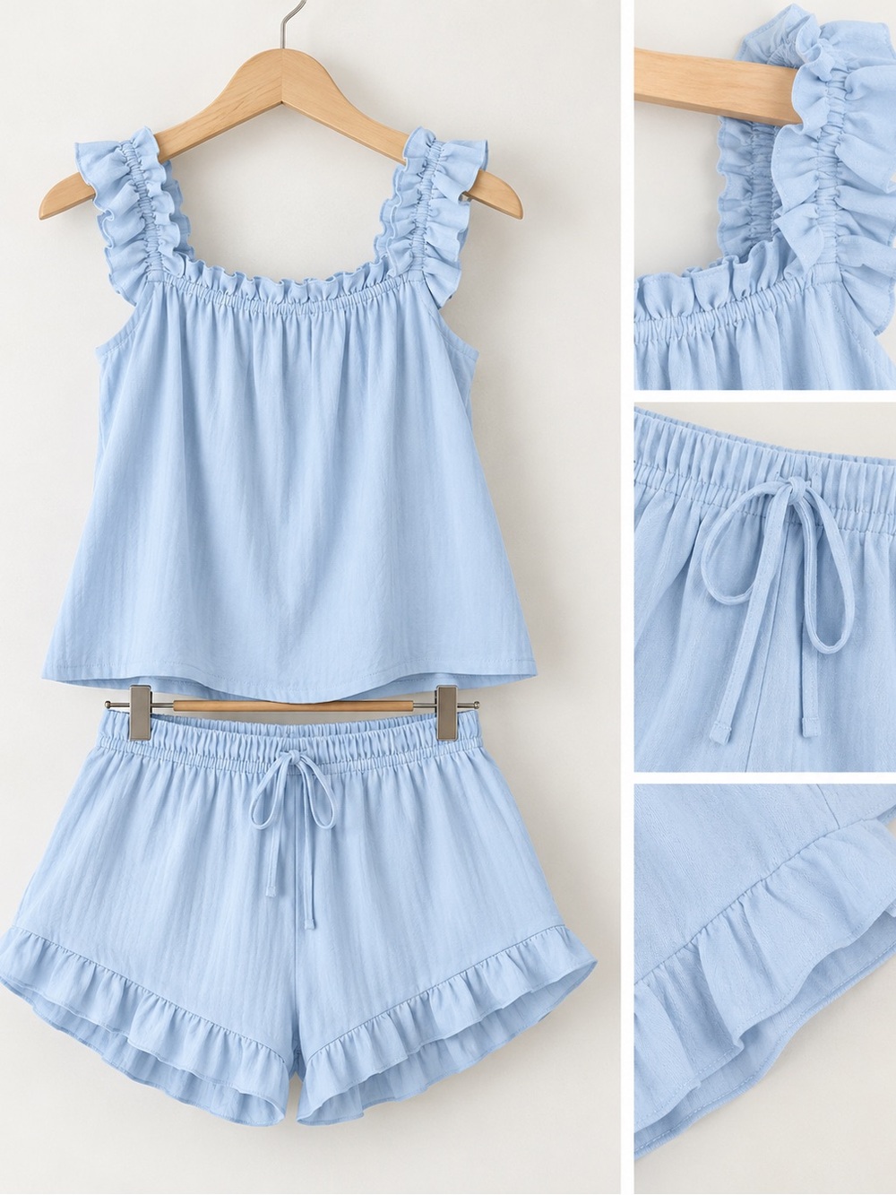 Women’s Light Blue Ruffle Strap Sleep Set